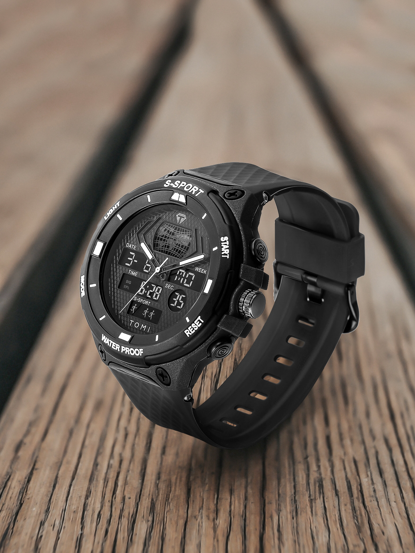 TOMI数字指针双显示创意休闲手表男士学生运动防水表高颜值石英表详情1