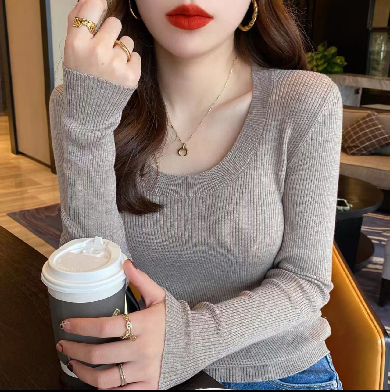 U领针织衫女韩国东大门露锁骨修身纯色安迪绒打底衫安迪绒长袖衫详情29