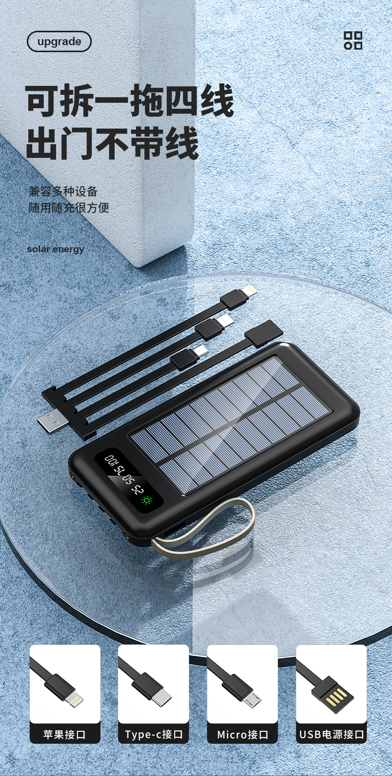 跨境户外太阳能大容量移动电源自带线充电宝20000毫安超薄便携详情3
