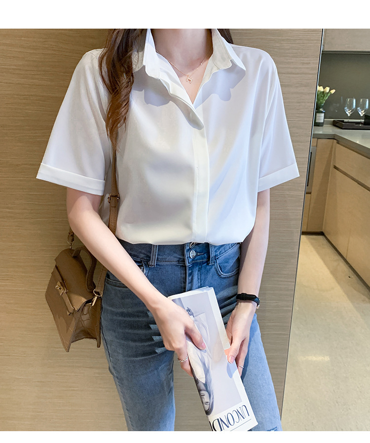 Real photos of in-stock 2025 summer new chiffon shirt for women, short-sleeved, simple and elegant office lady shirt and top for women pic 22