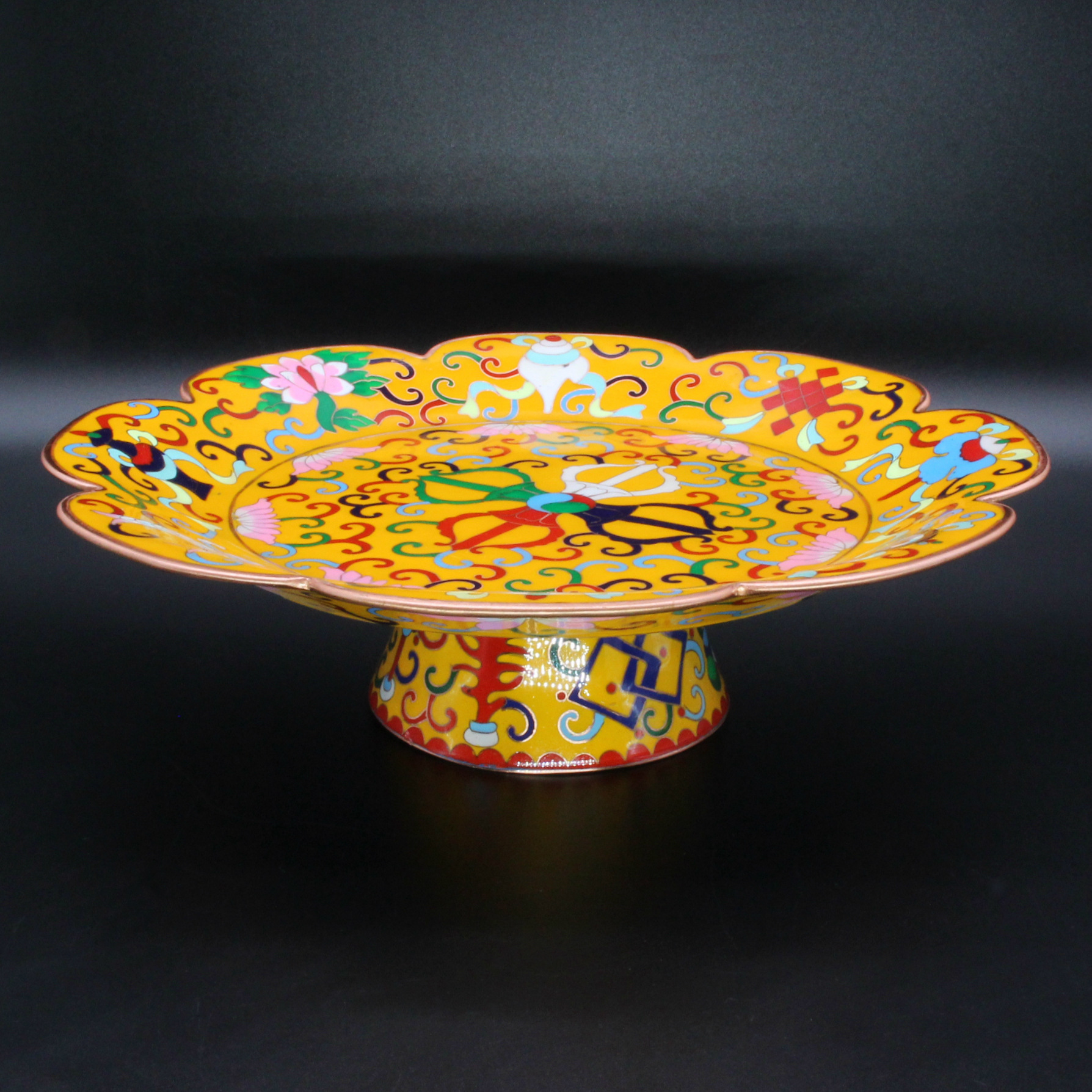 Jingtai blue manza, Buddhist offering utensils and ritual implements, plain copper filigree, low-temperature enamel manda plate, Mancha Luo belt tray pic 25