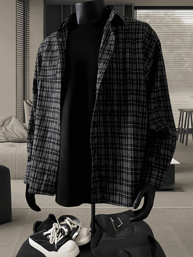 cleanfit黑色长袖格子衬衫男款春秋季高级感格纹衬衣宽松休闲外套详情3