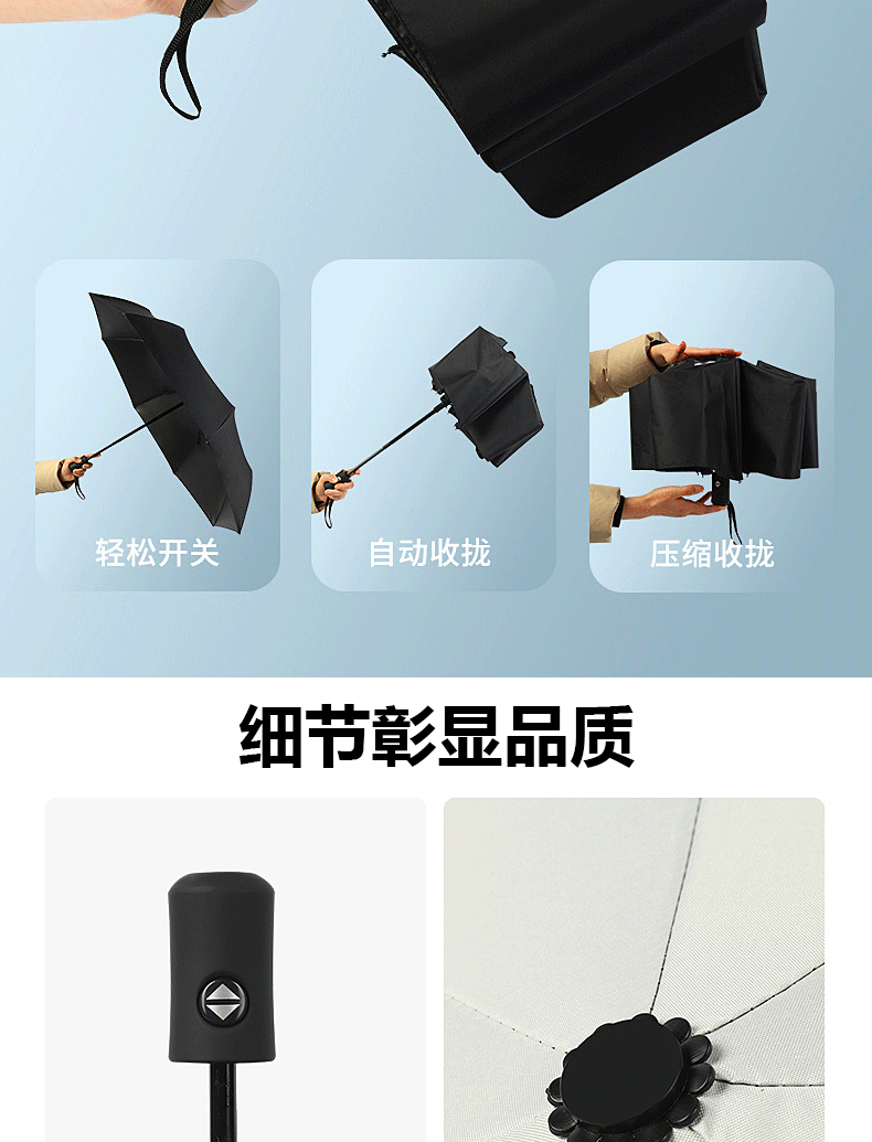Automatic UV umbrella advertisement, sunshade umbrella, black rubber folding umbrella, sun protection umbrella, UV protection wholesale, can be printed with LOGO pic 5