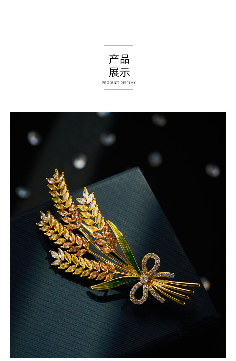 Original design, high-end sense, wheat ear brooch, copper alloy, real gold electroplating, micro-inlaid with zirconium oil, exquisite brooch and clothing pic 19