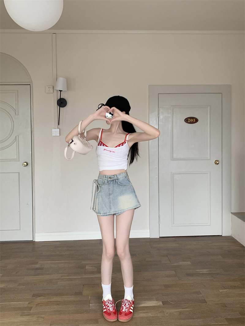 假两件牛仔短裤女夏季A字高腰不规则洋气绑带裙裤小个子辣妹裤子详情14
