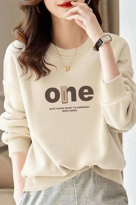 高品质华棉卫衣女宽松秋冬加绒加厚字母印花简约休闲圆领上衣外套详情3