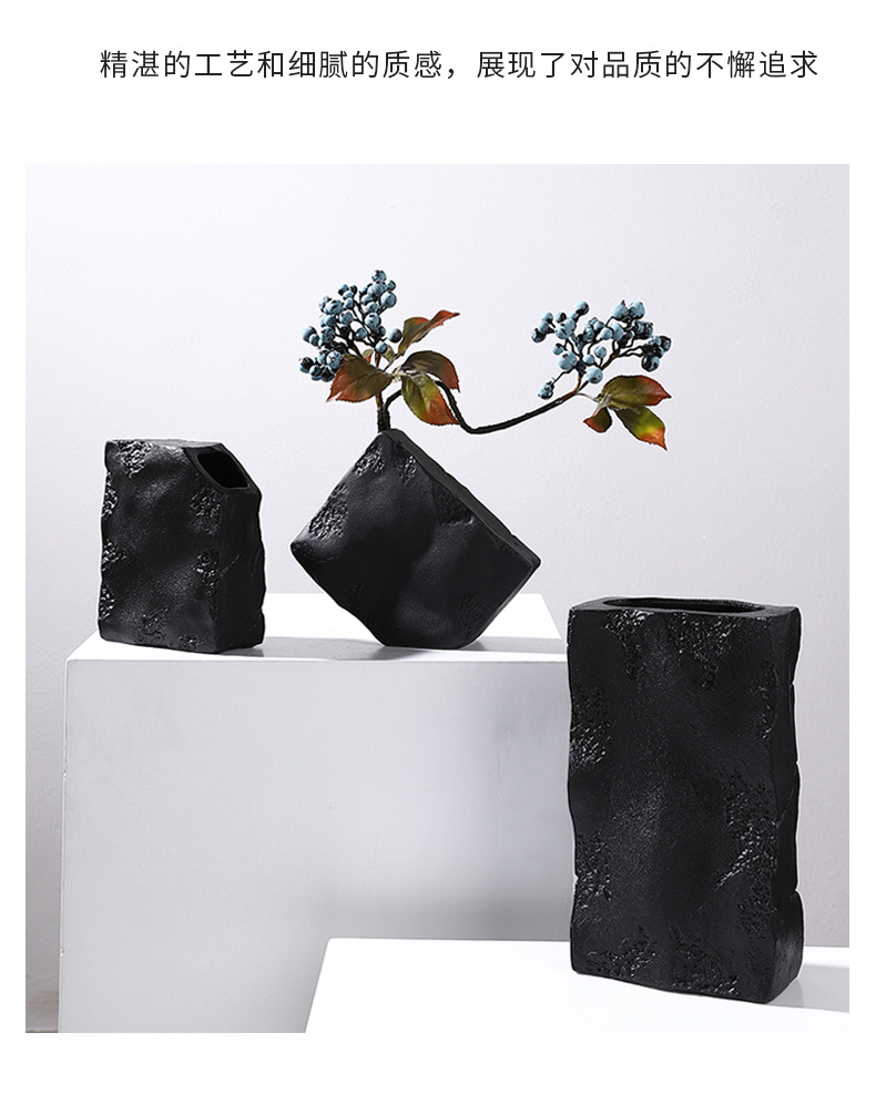 2025 High-end black and white texture square stone vase combination display, living room wine cabinet, dried flower arrangement, soft decoration handicraft pic 12