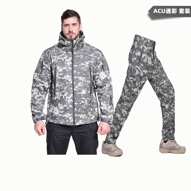 Yitu Tactical Sports Shark Skin Waterproof Soft Shell Down Jacket and Pants Alpha Green Warm Fleece Camouflage Down Jacket Set pic 17