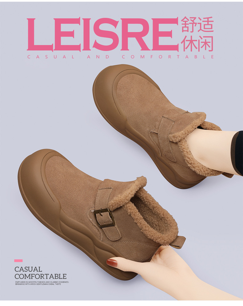 头层牛皮新款时尚短筒雪地靴女加绒短靴子冬季防滑一脚蹬保暖棉鞋详情4