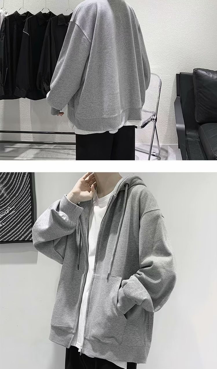 开衫卫衣男式秋季连帽衫纯色衣服加绒拉链宽松外套男士秋冬运动衫详情7