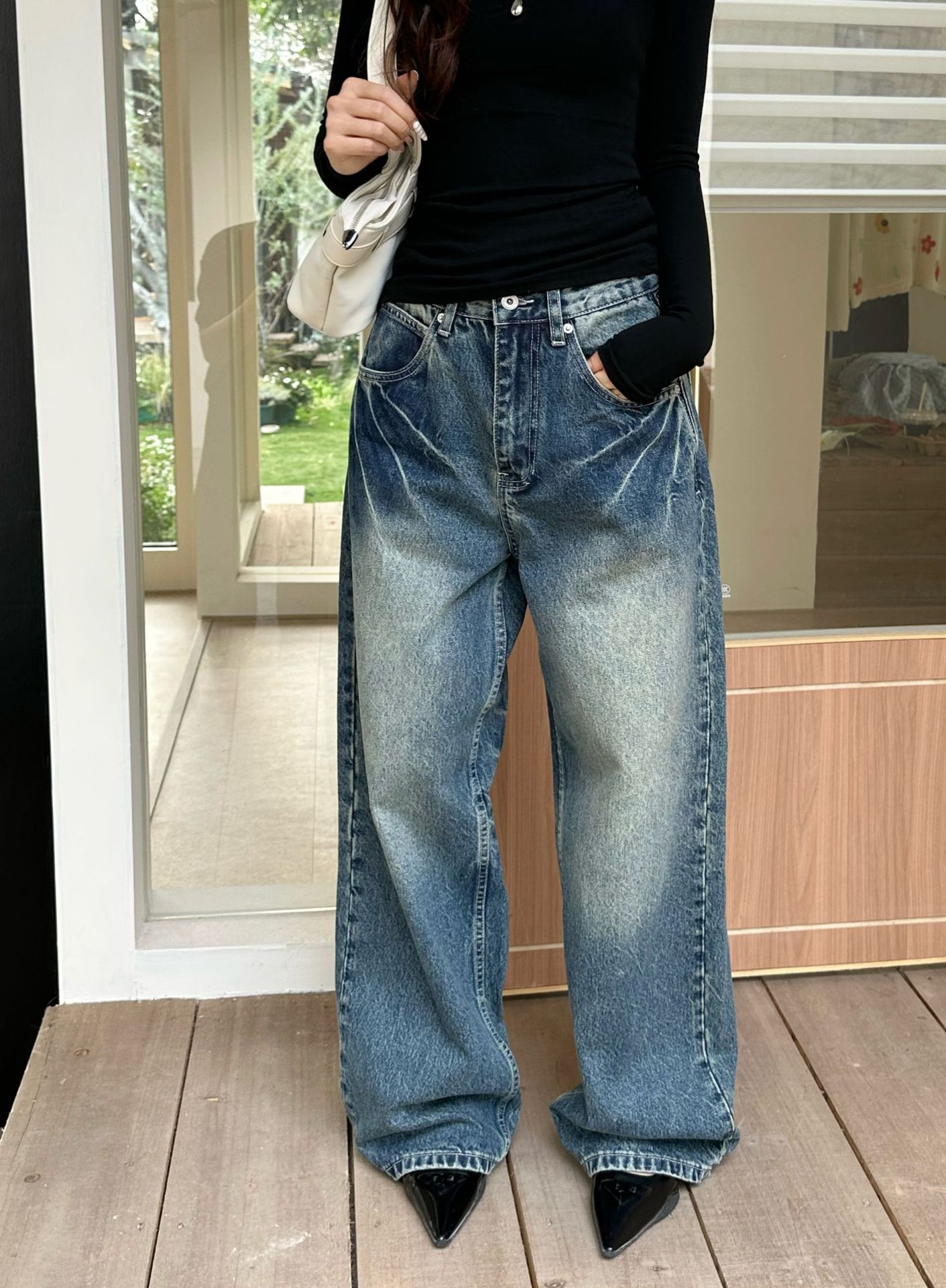 陆晟闪电纹做旧阔腿牛仔裤男女潮流美式复古水洗街头风休闲裤子潮详情10