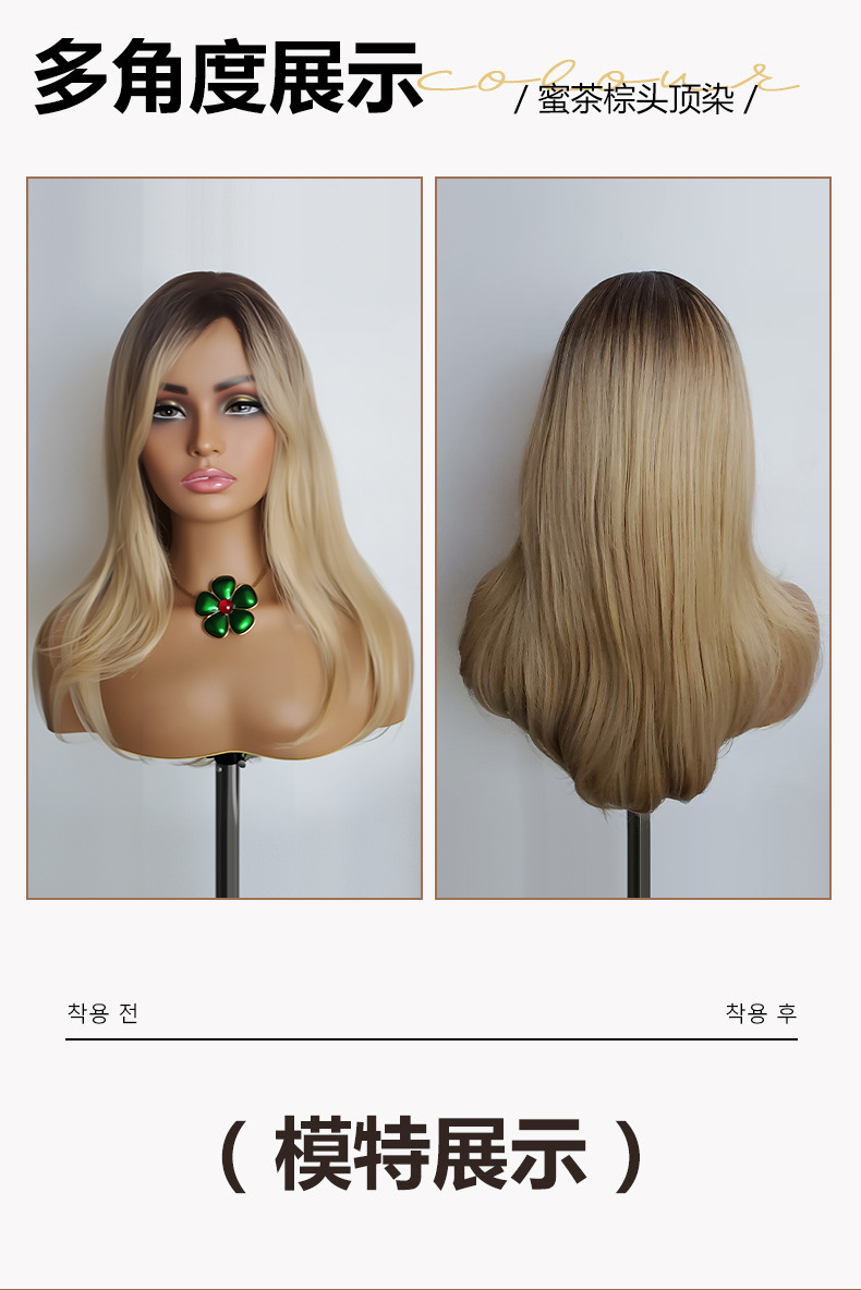 八字刘海中长纹理直发欧美知性假发女机制金色化纤头套层次Wigs详情9