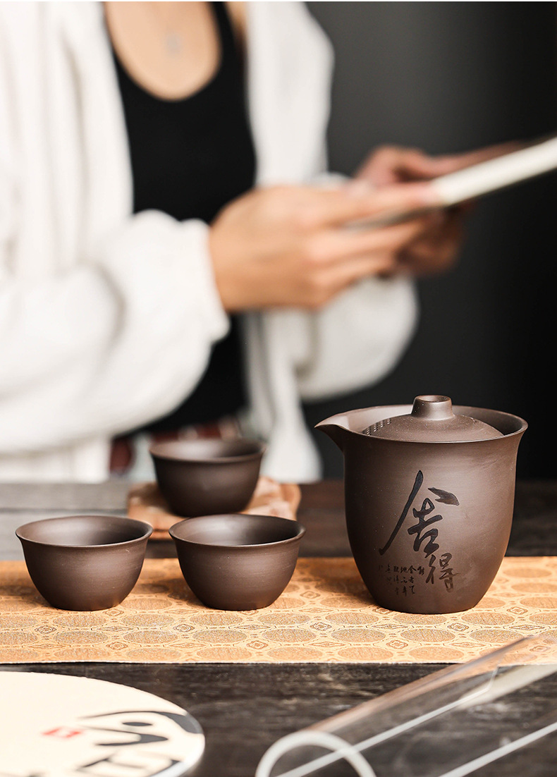 Outdoor one-pot three-cup tea set, portable purple clay quick guest cup, light luxury travel tea pot, gift and souvenir pic 15