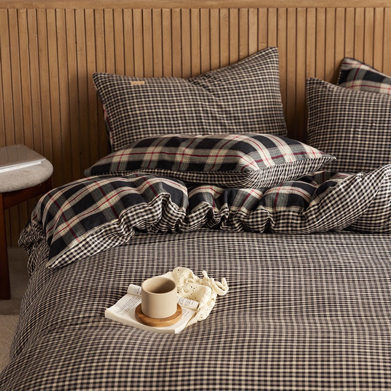 All-cotton Class A double-layer yarn four-piece set, double-layer yarn quilt cover and bed sheet four-piece set, pure cotton double-layer yarn checkered four-piece set pic 14