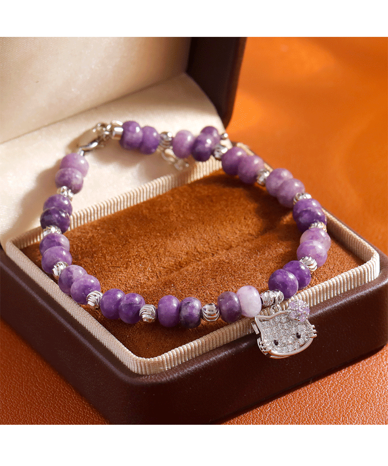 Hyacinth natural stone amethyst bracelet, fashionable, light luxury, sweet and elegant, whitening and high-end look, 2025 new accessory Hello Kitty cat crystal bracelet pic 2