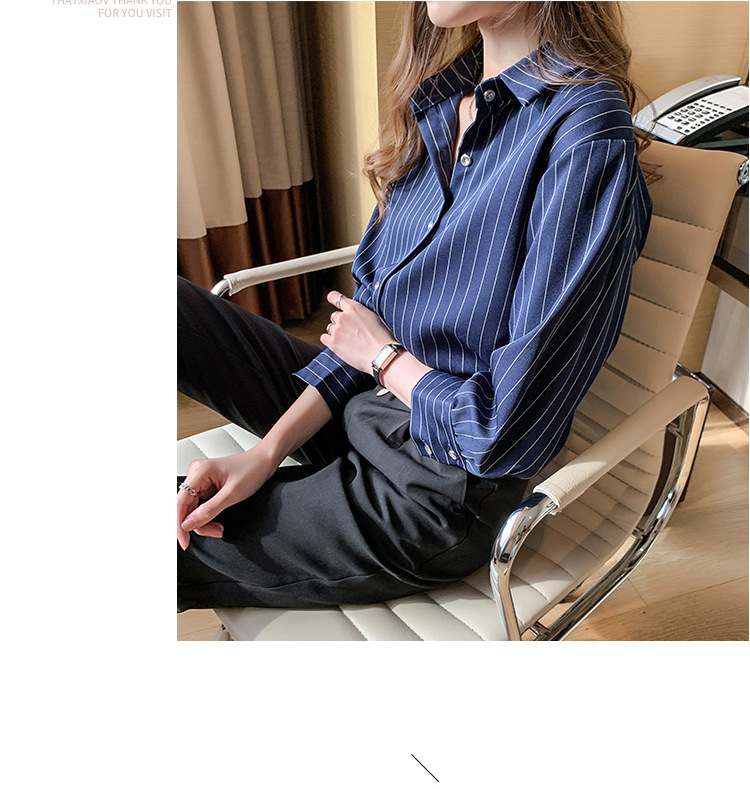 This vertical striped chiffon shirt for women with three-quarter sleeves is a new autumn collection. It features a unique and mature design with a sense of elegance and drape pic 15