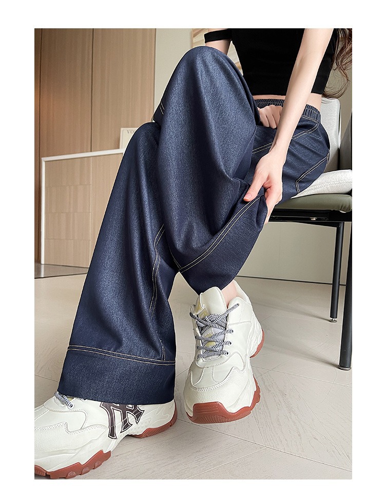 深蓝色明线弯刀高腰显瘦阔腿裤女2025夏季高腰宽松休闲香蕉牛仔裤详情13