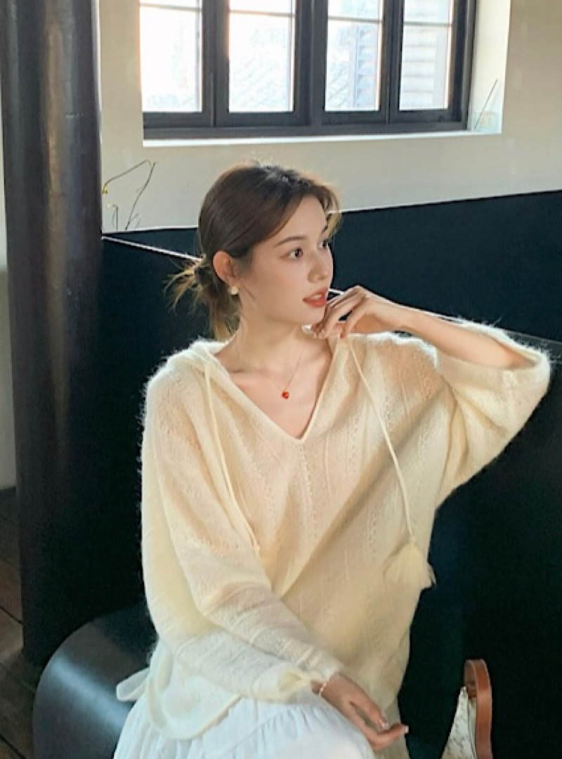 松弛感仿绵羊毛V领套头针织衫女秋季2024新款慵懒风宽松纯色上衣详情2