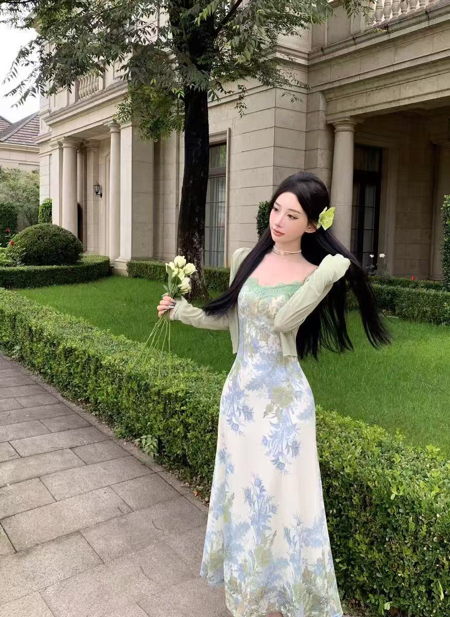 清冷感穿搭绿色长袖防晒开衫女夏季新款套装印花吊带连衣裙两件套详情9