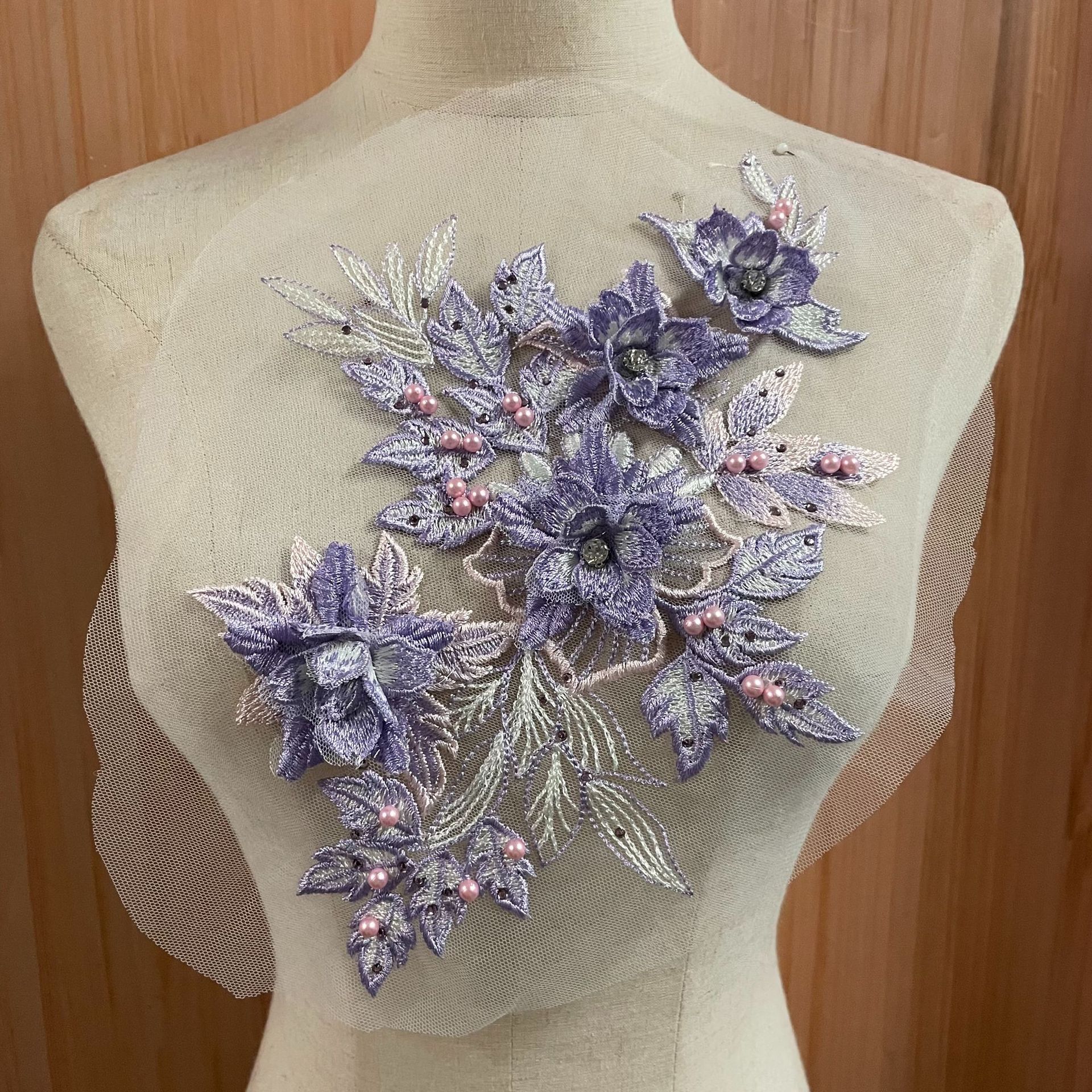 New lace three-dimensional flower fabric applique clothing accessories, hand-stitched diamond decorative applique DIY Hanfu collar flower pic 9