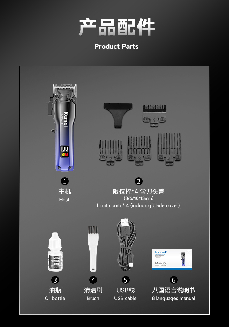 科美KM-2272新款渐变色数显理发器发廊专业无刷电推剪USB快充推子详情8