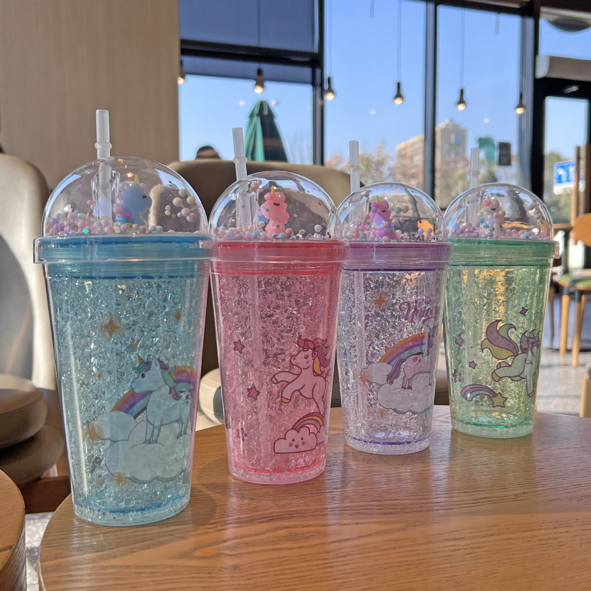 外贸新款卡通独角兽儿童吸管杯双层碎冰杯网红高颜值塑料水杯批发详情2