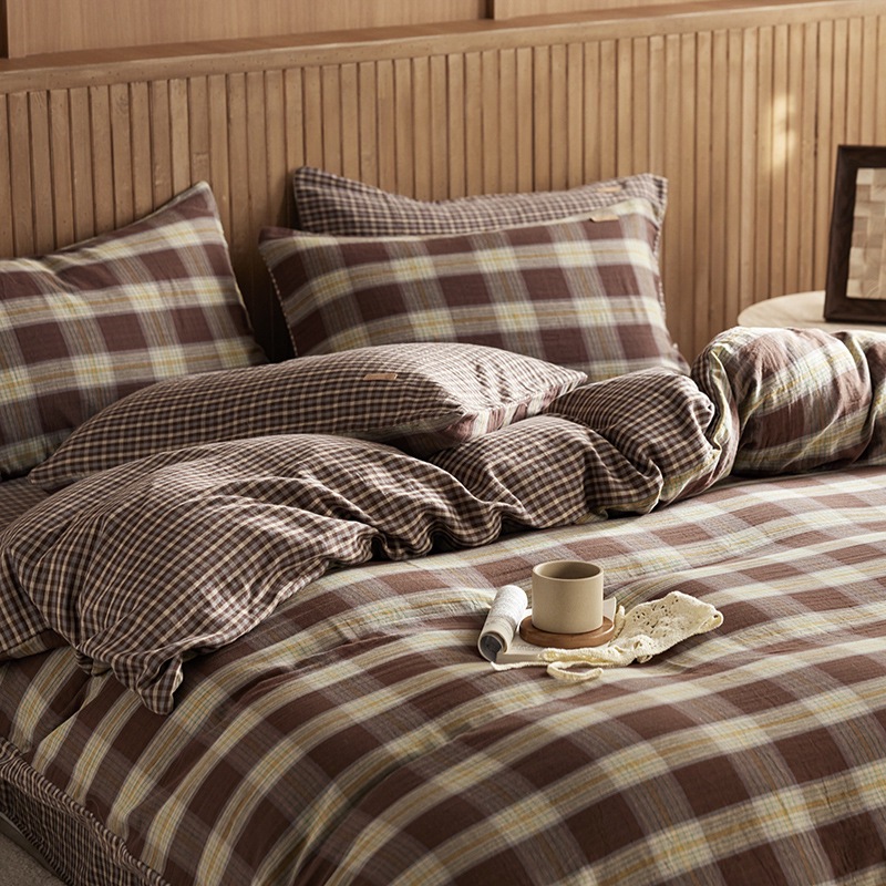 All-cotton Class A double-layer yarn four-piece set, double-layer yarn quilt cover and bed sheet four-piece set, pure cotton double-layer yarn checkered four-piece set pic 20