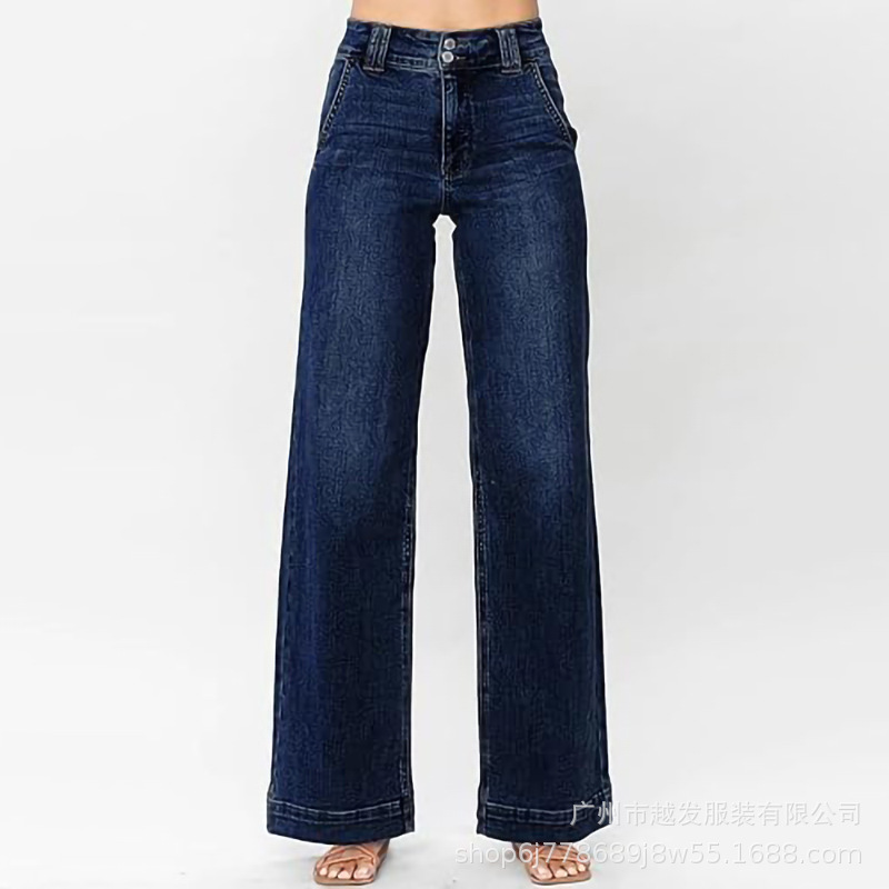欧美跨境外贸新款亚马逊2025春季新款蓝色水洗直筒气质牛仔裤女装详情11