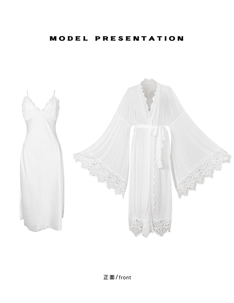 Two-piece set of white satin halter sleeping dress for export, detachable chest cushion mesh lace flared sleeve outer robe 1182 pic 13