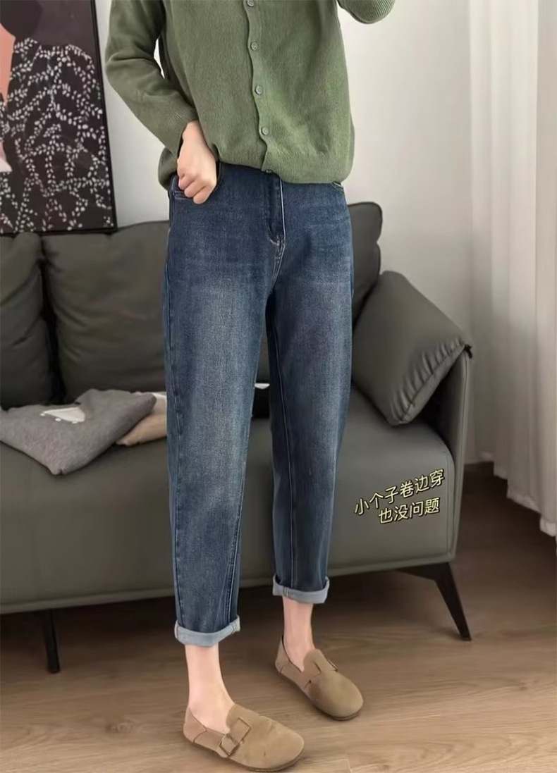 国潮大码高腰直筒哈伦牛仔裤女新款显瘦弹力梨型身材水洗阔腿长裤详情5