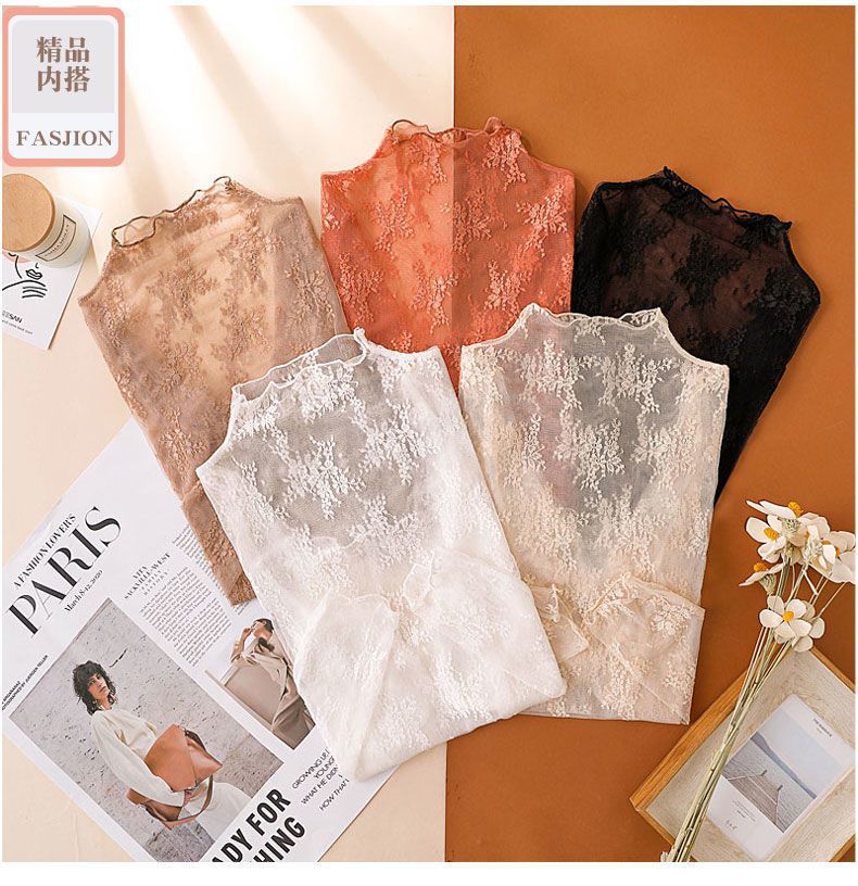 镂空蕾丝打底衫女2024春秋新款薄款半高领内搭网纱高级感上衣女装详情5