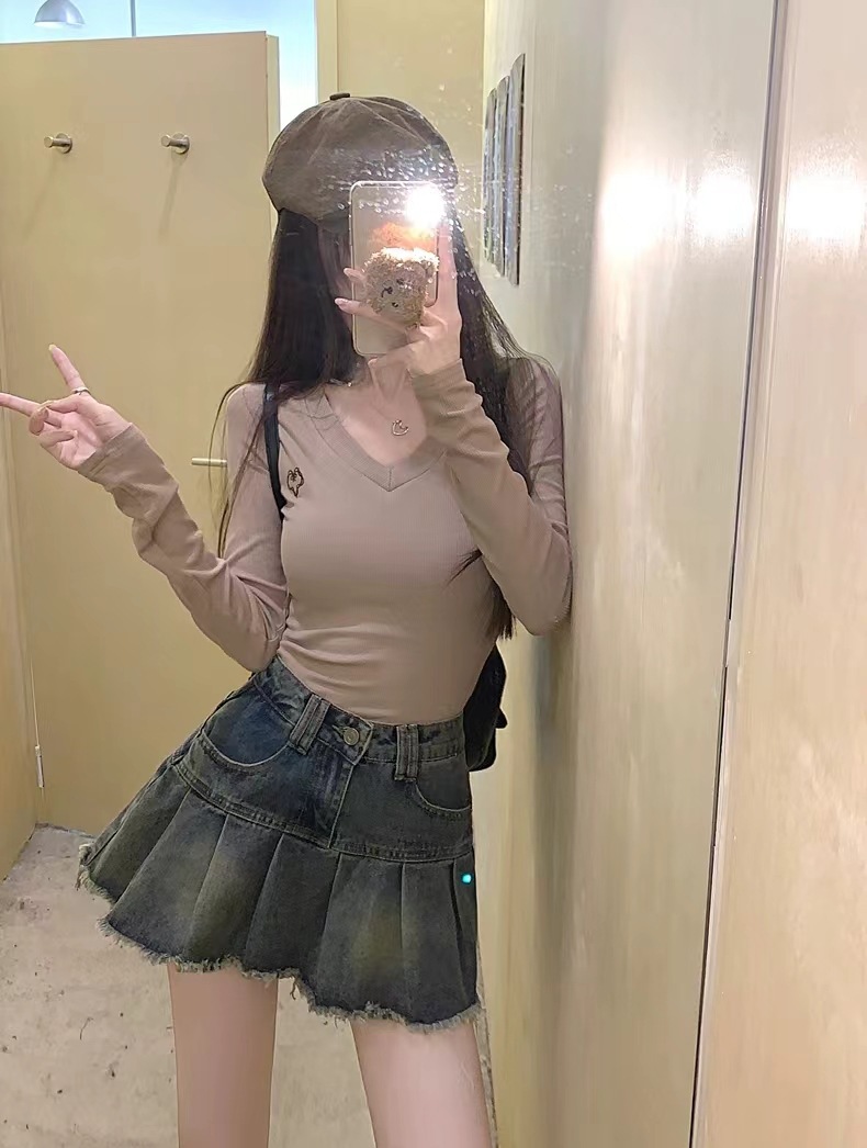 辣妹复古百褶牛仔半身裙女2024新款夏季高腰a字防走光包臀短裙子详情12
