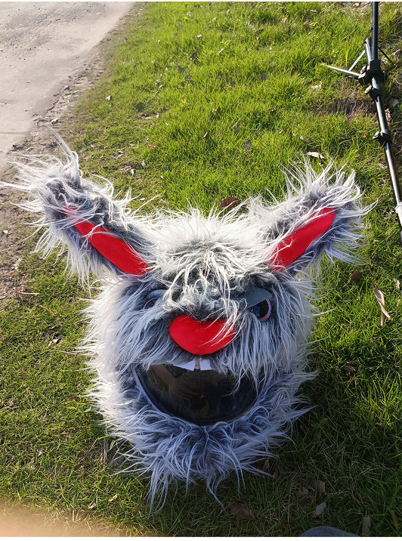 A niche rabbit-shaped personalized riding cartoon plush helmet, headgear, motorcycle face mask, long-haired hat decoration, and a street style pic 12