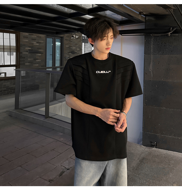 European and American high street original design sense T-shirt for men, multi-layered structure shoulder pad short-sleeved, summer American-style heavy half-sleeved pic 12