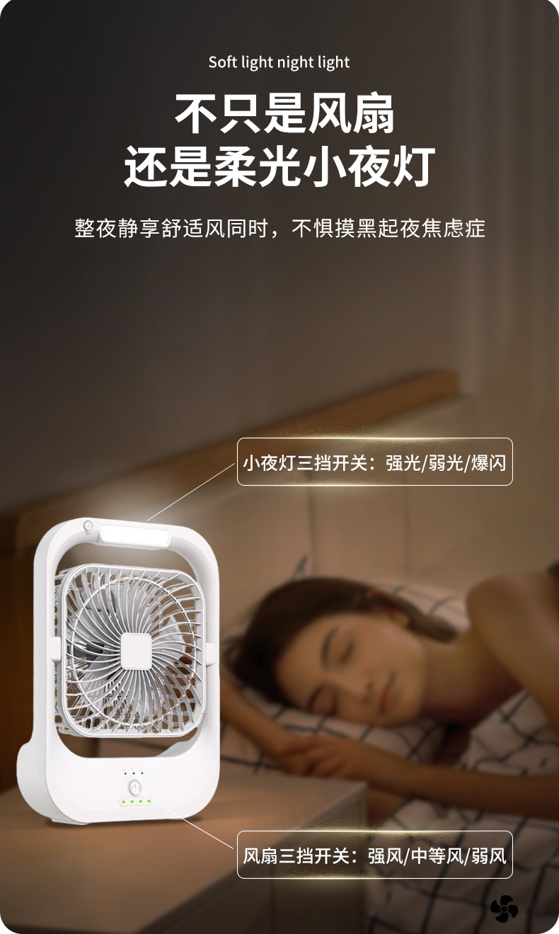 New cross-border electric fan, desktop small fan, office table fan, USB charging model, student bedroom with night light pic 4