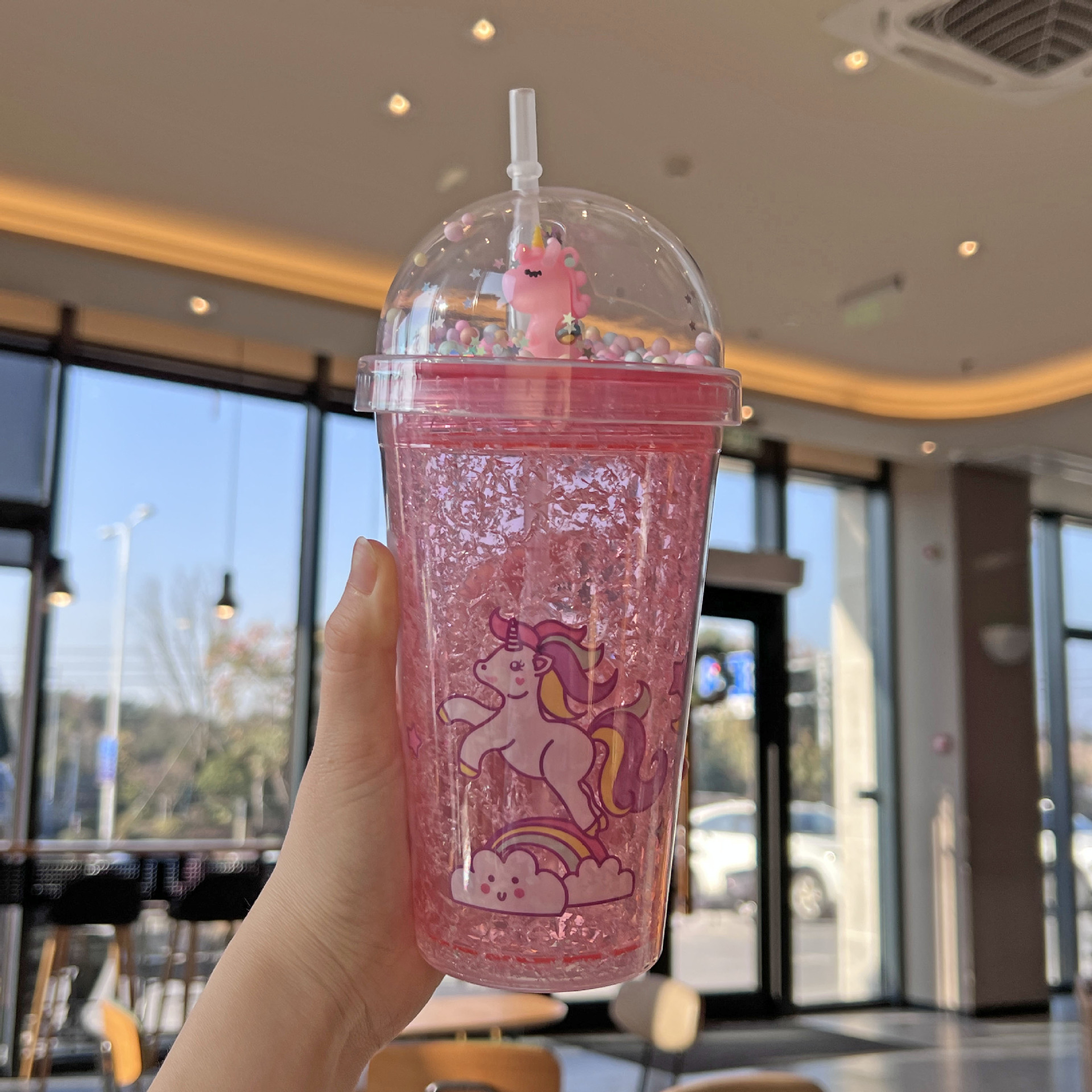 外贸新款卡通独角兽儿童吸管杯双层碎冰杯网红高颜值塑料水杯批发详情11