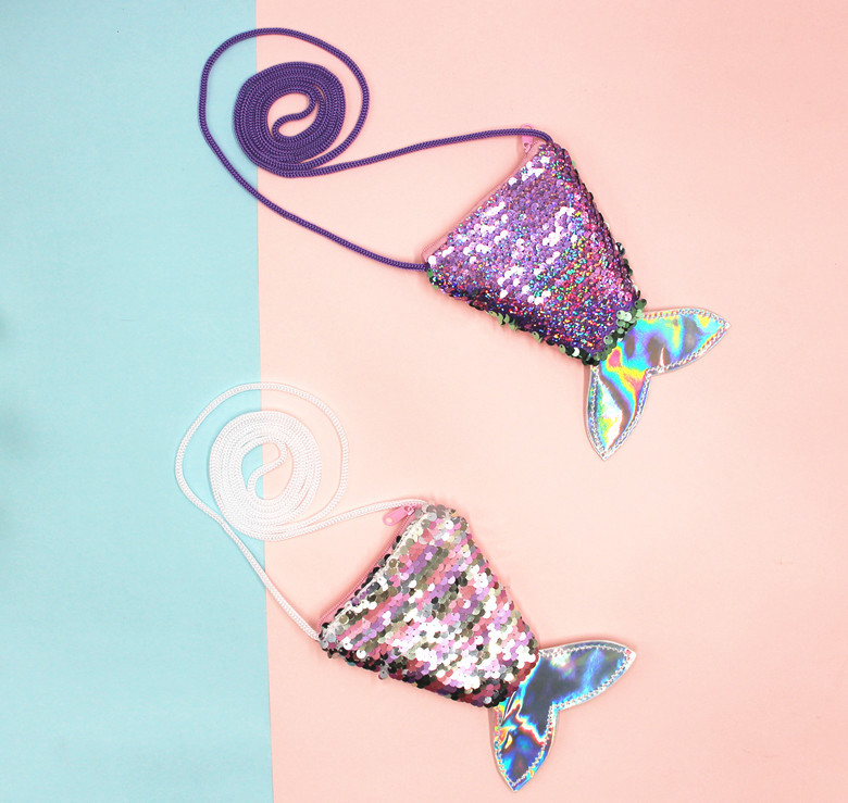 亮片美人鱼挂绳硬币包小钱包儿童斜跨小包鱼尾巴双色亮片零钱包女详情8