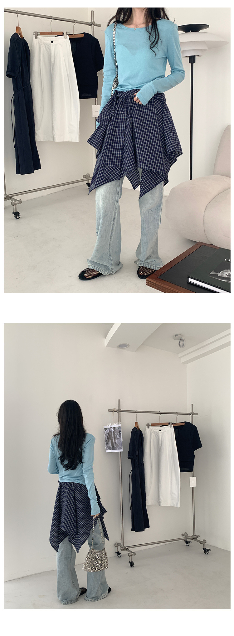 时髦不规则解构拼接格纹半身裙女夏季2025新款衬衫式绑带a字短裙详情16