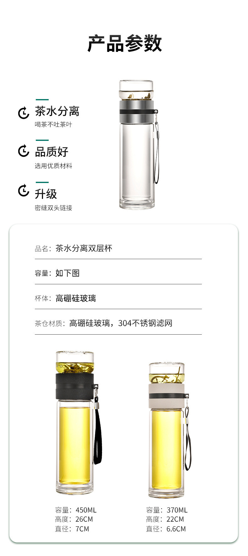 茶水分离杯双层隔热高硼硅玻璃杯子女高颜值便携随行泡茶保温水杯详情6