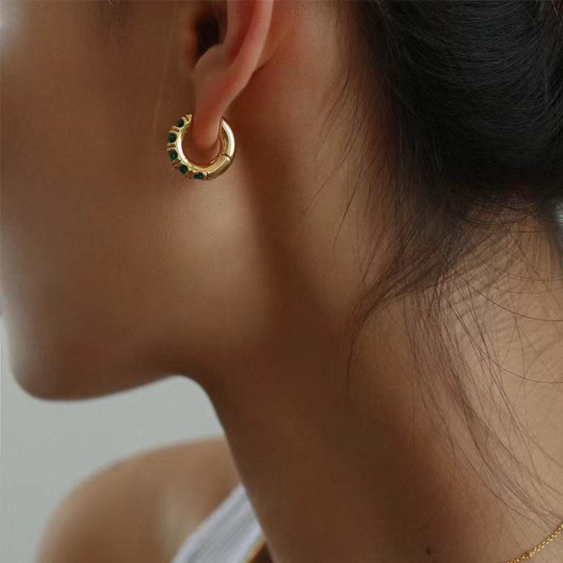 宋智雅同款祖母绿水晶镶钻耳环女复古轻奢小众设计高级感耳圈耳饰详情9