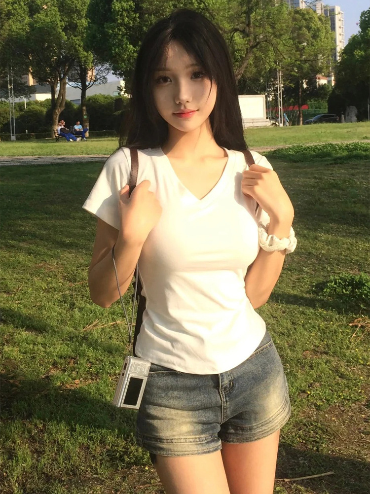 纯棉v领短袖t恤女夏2025新款白色内搭修身显瘦掐腰半袖薄正肩上衣详情19