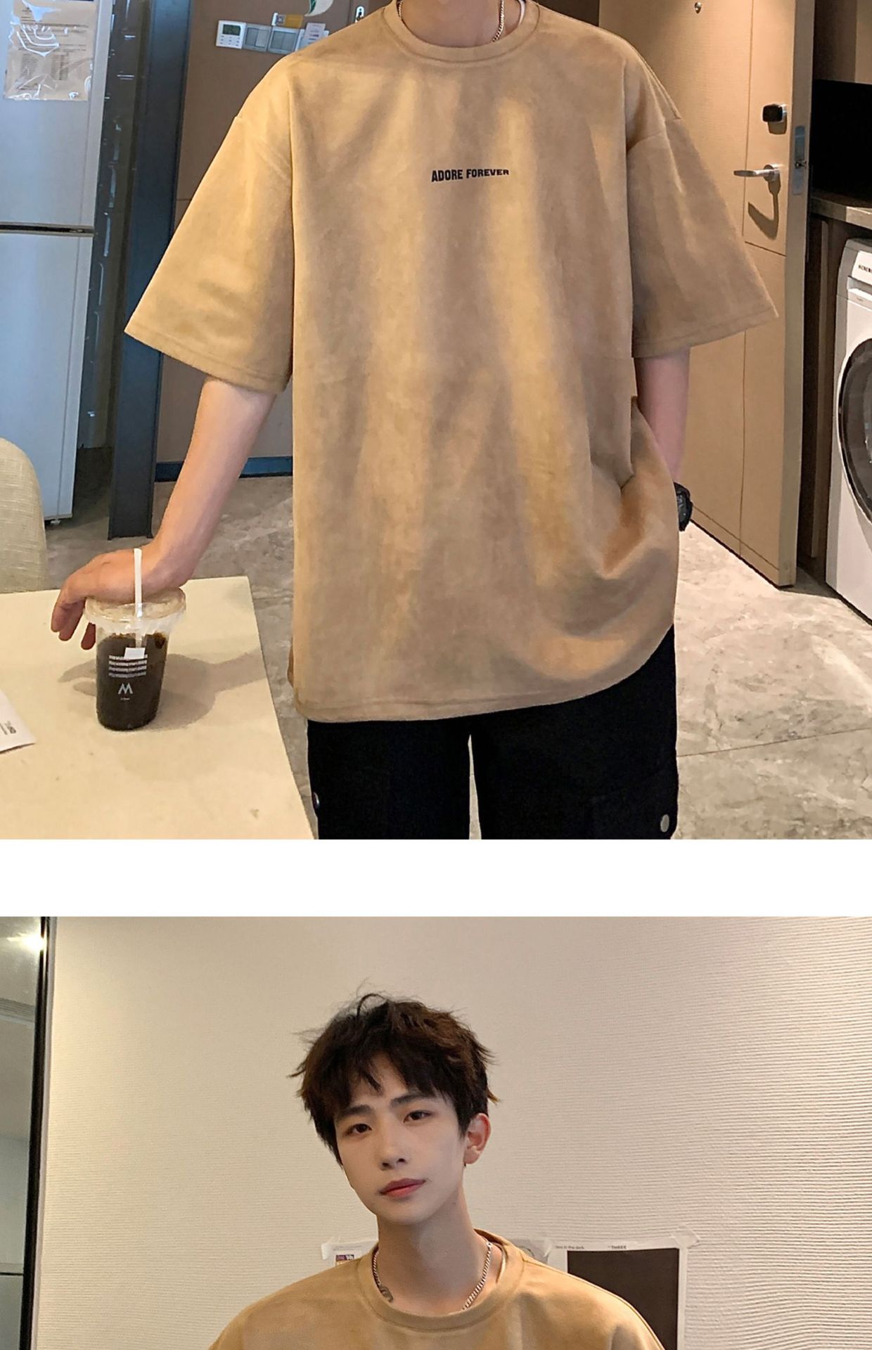 Avocado Green 320g heavyweight T-shirt for men, American retro suede short-sleeved, oversized small collar, three-quarter sleeve pic 41