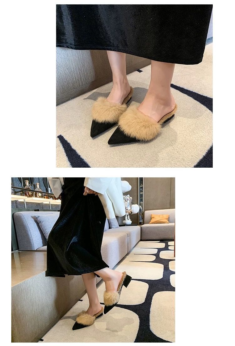 尖头毛毛棉拖鞋2025秋冬季新款日常软底一脚蹬包头半拖鞋加绒保暖详情5