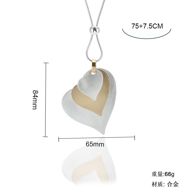 毛衣链外贸亚马逊爆款项链欧美复古拉丝爱心吊坠女士金属长款项链详情5