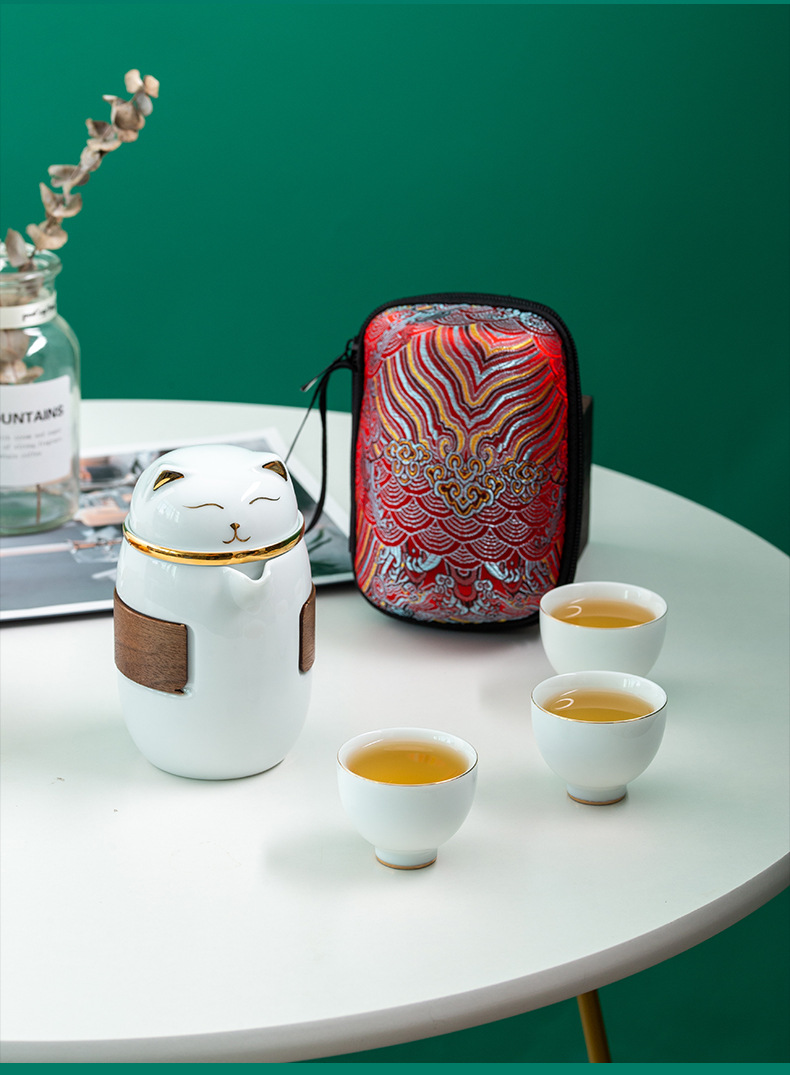 【 Maneki Neko 】 Quick Guest Cup Ceramic Travel Tea Set, one pot, three cups Gongfu tea set, portable and easy to carry for tea brewing pic 17