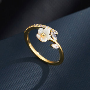 High-end natural black mother-of-pearl flower open ring, copper alloy inlaid with zircon freshwater pearls, adjustable ring ring pic 5