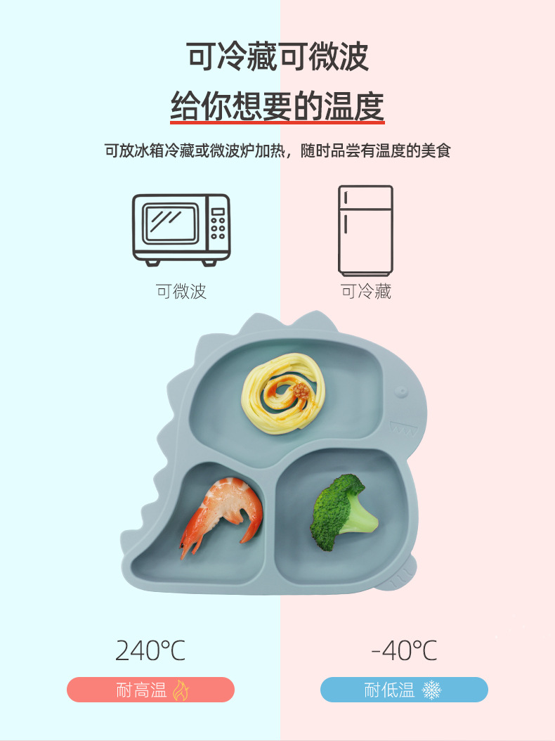 跨境儿童硅胶餐盘卡通恐龙喂养辅食餐具套装宝宝分格分格设计详情3