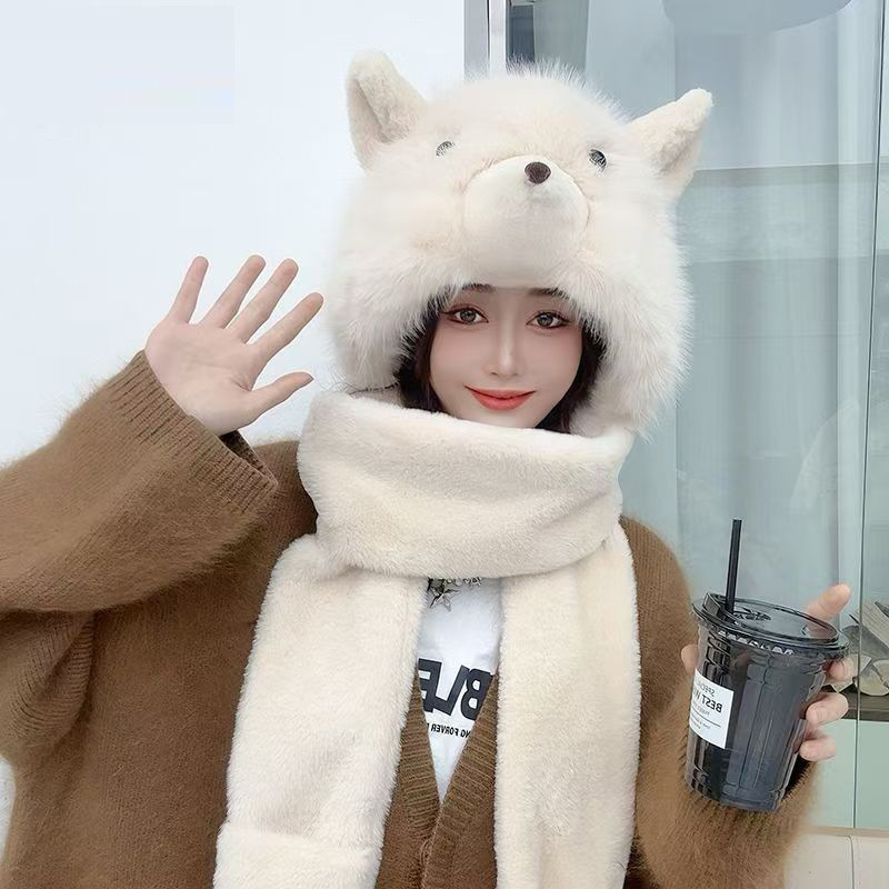 2025新款小熊女围巾帽子手套一体三件套保暖加厚可爱耳朵毛绒防寒详情1