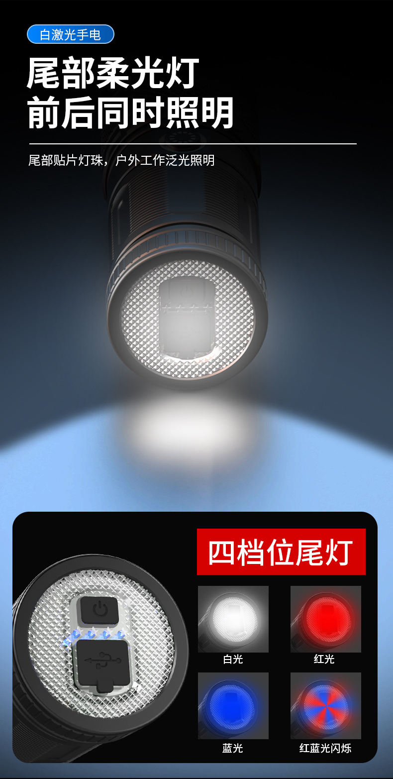 爆款强光手电筒LED多功能小钢炮超亮户外远射变焦Type- c可充电详情11