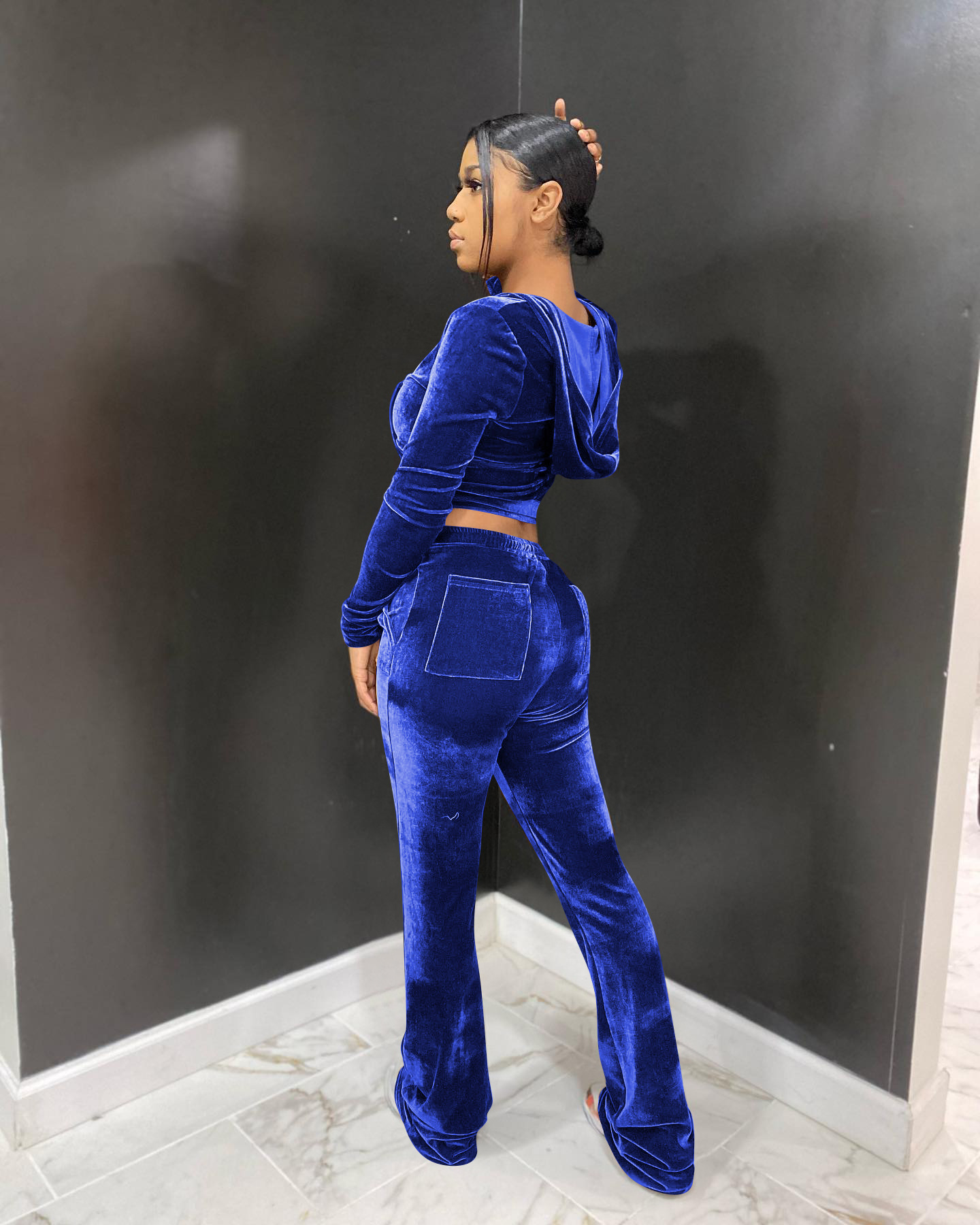 Solid color gold velvet wide-leg pants two-piece set pic 12